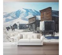 Papier peint panoramique 350 x 256 cm Revêtement mural décoration salon, Design Rétro Montagnes Enneigées Petites Villes Chevaux pour chambre salon cuisine Papier Peint Intissé Décoration Murale, Gris