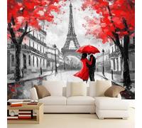 Papier Peint Panoramique 350 x 256 cm Ville de l'Amour Paris Gris Rouge, Décoration Murale Trompe-l'œil pour Salon et Chambre, Tapisserie Intissée Moderne, Poster Mural XXL Effet 3D Romantique HD