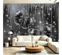 Papier Peint Panoramique 350 x 256 cm（WxH) - Noir Tapisserie Murale Intissé HD avec Effet Art Numérique Pierres Précieuses Luxe Papillons - Décoration Murale pour Salon Chambre Des Filles