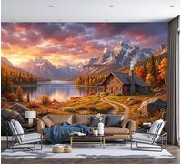 Papier Peint Panoramique 350x256cm, Paysages de montagne et de lac Chalet au bord du lac alpin Poster Photo Mural, Papier Peint Décoration Murale Salon Chambre á Coucherr Bureau Enfant Chambre, Orange