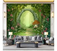Papier Peint Panoramique 350x256cm - Trompe l'Oeil Forêt Enchantée avec Maison Champignon - Décoration Murale Intissée 3D pour Chambre Enfant, Salon - Poster Mural Féerique Facile à Poser