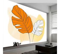Papier Peint Panoramique 3D 200 x 140 CM (L x H) Papier Peint Intissé Tapisserie Poster Mural Feuilles Tropiques Art Lignes Abstrait pour Salon Chambre Décoration Murale, Blanc