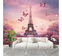 Papier Peint Panoramique 3D 200x140 cm RêVeuse Roses Papillons Tour Eiffel Papier Peint Intissé Rose Toison Mur Tableaux Muraux Tapisserie Photo Décoration Murale Salon Chambre