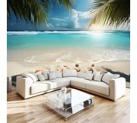 Papier Peint Panoramique 3D 350x256 cm Plage Coquillages Non-tissé Murale Maison Décoration Intérieure Vue Sur La Mer Cocotiers pour Chambre Salon Mur TV Artistique Poster Décoration Murale 1M1143