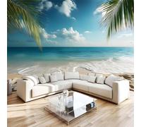 Papier Peint Panoramique 3D 350x256 cm Plage Coquillages Non-tissé Murale Maison Décoration Intérieure Vue Sur La Mer Cocotiers pour Chambre Salon Mur TV Artistique Poster Décoration Murale 1M1149