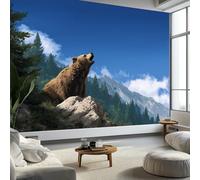 Papier Peint Panoramique 3D 3D Fantaisie Forêt Animal Ours Brun, Papier Peint Intissé Fond Bleu pâle pour Chambre Salon Mur TV Artistique XXL Poster Décoration Murale 350 x 256 CM