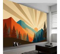 Papier Peint Panoramique 3D Abstrait Montagnes Soleil Rayures 450L x 280H cm, Papier Peint Intissé Haute Qualité Minimaliste - Décoration Murale Photo Moderne pour Salon Chambre d'enfant Fond TV