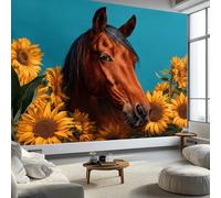 Papier Peint Panoramique 3D Animal Cheval Brun Fleurs Tournesol, Papier Peint Intissé Fond Turquoise pour Chambre Salon Mur TV Artistique XXL Poster Décoration Murale 200 x 140 CM