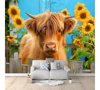 Papier Peint Panoramique 3D Animal Vache Highland Plante Fleur Tournesol Bleu 300 x 210 cm, Papier Peint Intissé - Fresque Murale pour Salon, Chambre & Bureau, Décoration Murale Impression HD