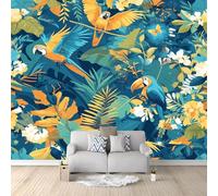 Papier Peint Panoramique 3D Animaux de La Jungle Oiseaux Plantes Feuilles Papier Peint Intissé Fond pour Chambre Salon Mur TV Décoration Murale, Bleu XXL Mur TV Artistique Poster Décoration 350x256cm