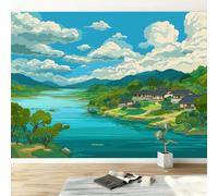 Papier Peint Panoramique 3D Anime Arbres Verts Montagnes Rivière 400L x 280H cm, Papier Peint Intissé Haute Qualité Sarcelle - Décoration Murale Photo Moderne pour Salon Chambre d'enfant Fond TV