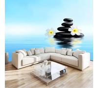 Papier Peint Panoramique 3D Art Lac Zen Rochers Fleurs 150 x 105 cm - Décoration Intérieure Murale pour Salon & Chambre d'Enfant, Papier Peint Intissé XXL Bleu - Poster Tableaux Photo Murales