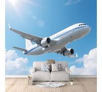 Papier Peint Panoramique 3D Avion Papier Peint Enfant Avion De Transport De Passagers Natural Blue Sky Intissé Revêtement, Moderne Poster Mural XXL Décoration Mural pour Chambre Salon 250×175cm
