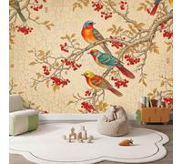 Papier Peint Panoramique 3D Beige Chinois Vintage 250 x 175 cm | Petits Oiseaux Baies Branches Feuilles Papier Peint Intissé pour Chambre Salon Cuisine Haute Qualité Papiers Peints Murale