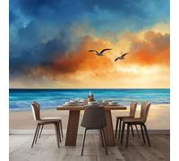 Papier Peint Panoramique 3D Bleu, 350 x 256 cm (L x H) Papier Peint intissé Vif Animaux Mouettes Littoral pour Chambre Salon Bureau Personnalisé Décoration Murale