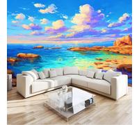 Papier Peint Panoramique 3D Bleu Réaliste Paysage Naturel Rochers Côte Vagues - Fresque Murale Intissée pour Salon, Chambre à Coucher & Chambre d'Enfant, Décoration Murale Intérieure (200 x 140 cm)