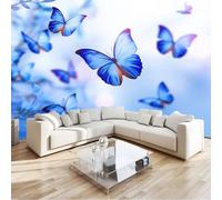 Papier Peint Panoramique 3D Bleu Rêveur Lumière Et Ombre Papillons En Vol - Fresque Murale Intissée Idéal pour Salon, Chambre à Coucher & Chambre d'Enfant, Décoration Murale Intérieure (300 x 210 cm)