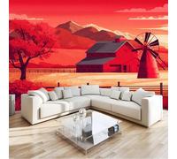 Papier Peint Panoramique 3D Campagne Paysage Ferme Grange Moulin À Vent 350 x 256 cm - Intérieure Murale pour Salon & Chambre d'Enfant, Papier Peint Intissé XXL Rouge - Poster Tableaux Photo Murales