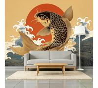 Papier Peint Panoramique 3D Carpe Koï Dorée Vagues Océaniques 300 x 210 cm Murale, Ukiyo-E Japonais Papier Peint Intissé Photo pour Intérieure Chambre Coucher Salon Personnalisé Décoration Murale