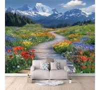 Papier Peint Panoramique 3d Champs De Fleurs De Montagne Et Routes En Planches De Bois Décoration murale Imagerie Naturelle papier peint non tissé décoration chambre TV mur salon -150x105cm