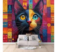 Papier Peint Panoramique 3D Chat Coloré Motifs Poster Mural Chat Animal 500x280 cm Papier Peint Photo Matériau Tissu Non Facile à installer Propre pour Intérieur Moderne Salle à Manger Poster