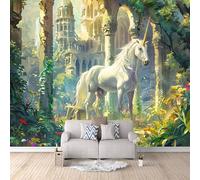 Papier Peint Panoramique 3D Cheval Blanc 400x280 cm Papier Peint Mural Poster Intissé Château Vert,pour Chambre Salon Restaurant Personnalisé Décoration Murale