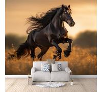 Papier Peint Panoramique 3D Cheval Noir 300x210 cm Papier Peint Mural Poster Intissé Prairie,pour Chambre Salon Restaurant Personnalisé Décoration Murale