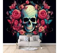 Papier Peint Panoramique 3D Crâne Gothique Motifs Poster Mural Fleur Gothique 400x280 cm Papier Peint Photo Matériau Tissu Non Facile à Installer Propre pour Intérieur Moderne Salle à Manger Poster