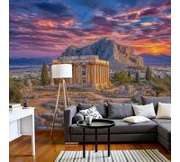 Papier Peint Panoramique 3D De Ville, Architecture Des Temples Coucher Soleil 350x256cm Soie Murale pour Salon Chambre Restaurant Décoration Murale,Brun pourpre Chambre Poster Mural Fresques Murales