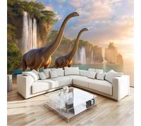 Papier Peint Panoramique 3D Dessin Animé Dinosaure Cascade Antique Botanique Vert Sauge 400 x 280 cm, Papier Peint Intissé - Fresque Murale pour Salon, Chambre Bureau, Décoration Murale Impression HD