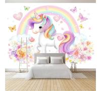 Papier Peint Panoramique 3D Dessin Animé Licornes Arcs En Ciel Papillons Cœurs Blanc 200 x 140 cm, Papier Peint Intissé - Fresque Murale pour Salon, Chambre & Bureau, Décoration Murale Impression HD