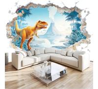 Papier Peint Panoramique 3D Dessin Animé T-Rex Dinosaure Volcan Jungle Bleu Clair 350 x 256 cm, Papier Peint Intissé - Fresque Murale pour Salon, Chambre & Bureau, Décoration Murale Impression HD
