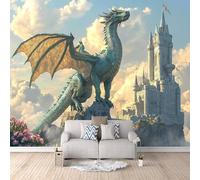 Papier Peint Panoramique 3D Dragon Château Motifs Poster Mural Dragon Animal 450x315 cm Papier Peint Photo Matériau Tissu Non Facile à Installer Propre pour Intérieur Moderne Salle à Manger Poster