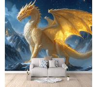 Papier Peint Panoramique 3D Dragon Occidental Doré 400x280 cm Papier Peint Mural Poster Intissé Montagne Enneigée,pour Chambre Salon Restaurant Personnalisé Décoration Murale