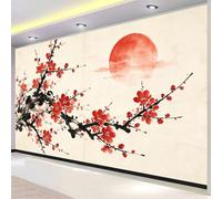 Papier Peint Panoramique 3D Encre Prune Rouge 250x175 cm, Fresque Murale Fleurs Japonaises en Intissé HD pour Salon Chambre, Revêtement Mural, Pose Facile, Colle non incluse 1670o