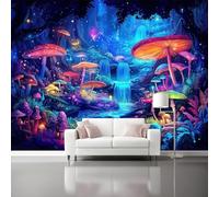 Papier Peint Panoramique 3D Fantaisie Bleu Champignons Cascade - Tapisserie Panoramique Mural Décoration Salon - Toison Mur Xxl Tableaux Muraux Photo Décoration Murale 300 X 210 Cm