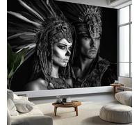 Papier Peint Panoramique 3D Fantaisie Guerrier Aztèque Épouse, Papier Peint Intissé Tapisserie Poster Mural Noir Blanc pour Salon Chambre Décoration Murale 400 x 280 CM