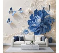 Papier Peint Panoramique 3D Fleurs Papillons Bleu Blanc Murale 200x140 cm | Relief Mural Pétales Texture Papier Peint Intissé Murale Pour Salon Chambre à Coucher Chambre D'Enfant Décoration