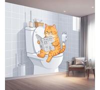 Papier Peint Panoramique 3D Gris Clair Dessin Animé Chat 150 x 105 cm | Toilettes Journal Salle De Bain Carreaux Papier Peint Intissé pour Chambre Salon Cuisine Haute Qualité Papiers Peints Murale