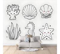 Papier Peint Panoramique 3D Hippocampe Et étoile De Mer De Dessin Animé 400x280 cm Papier Peint Mural Poster Intissé Corail Coquillage,pour Chambre Salon Restaurant Personnalisé Décoration Murale