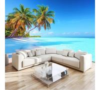 Papier Peint Panoramique 3D Île Tropicale Paysage Océan Plage Palmiers 350 x 256 cm - Intérieure Murale pour Salon & Chambre d'Enfant, Papier Peint Intissé XXL Bleu - Poster Tableaux Photo Murales