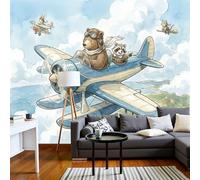 Papier Peint Panoramique 3D Illustration D'Un Pilote Animalier 250X175Cm, Aquarelle Raton Laveur Décoration Murale Salon Salle Enfants, Tapisserie Murales Papier Peint Pour Chambre, Bleu Clair
