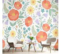 Papier Peint Panoramique 3D Illustration Florale Dessin Animé 350 X 256 Cm, Mignon Coquelicot Marguerite Décoration Murale Salon Salle Enfants, Tapisserie Murales Papier Peint Pour Chambre, Beige