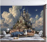 Papier Peint Panoramique 3D, Illustrations Châteaux Et Paysages Collines 450x315cm Soie Murale pour Salon Chambre Restaurant Décoration Murale, Bleu-brun Chambre Poster Mural Fresques Murales