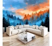 Papier Peint Panoramique 3D Impressionnisme Brume Forêt Arbres Peinture Bleu 400 x 280 cm, Papier Peint Intissé - Fresque Murale pour Salon, Chambre & Bureau, Décoration Murale Impression HD