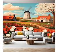 Papier Peint Panoramique 3D Intissé Moulins à vent et tulipes hollandais Panoramique Peinture Murale pour Salon Chambre à Coucher D'Enfant Maison Personnalisé Décoration Murale 350x256 cm