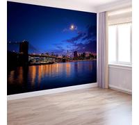 Papier Peint Panoramique 3D, Intissé Photo Mural Architecture Ville Bord Mer Nuit Poster pour Salon Chambre Mur de fond Chambre des Enfants Bureau Bleu Décoration de Maison 200 x 140 CM