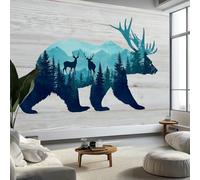 Papier Peint Panoramique 3D, Intissé Photo Mural Fantaisie Animal Ours Élan Forêt de Pins Poster pour Salon Chambre Mur de fond Chambre des Enfants Bureau Gris Décoration de Maison 200 x 140 CM