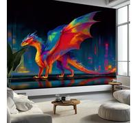 Papier Peint Panoramique 3D, Intissé Photo Mural Fantaisie Dragon Néon Ville Poster pour Salon Chambre Mur de fond Chambre des Enfants Bureau Multicolore Décoration de Maison 350 x 256 CM