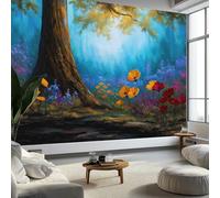 Papier Peint Panoramique 3D, Intissé Photo Mural Peinture Huile Fleurs Sauvages Arbre Poster pour Salon Chambre Mur de fond Chambre des Enfants Bureau Bleu pâle Décoration de Maison 350 x 256 CM